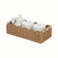 Woven paper storage basket measuring 35.5cm x 16cm x 10cm in khaki colour on desktop