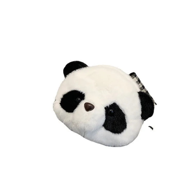 Plush panda head crossbody bag with cylindrical shape measuring 18cm wide