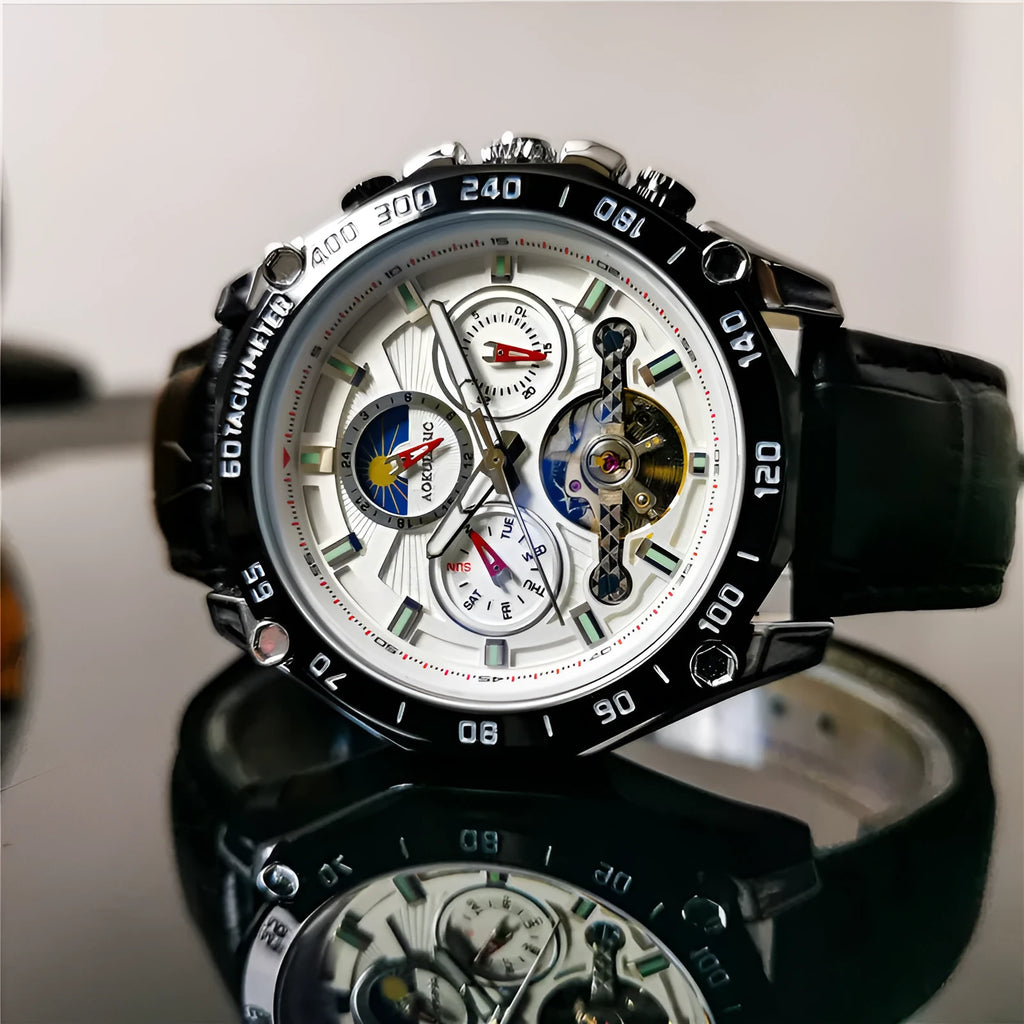 Automatic mechanical mens watch with silver stainless steel case and black dial