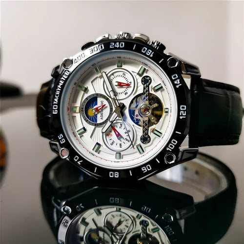Automatic mechanical mens watch with silver stainless steel case and black dial