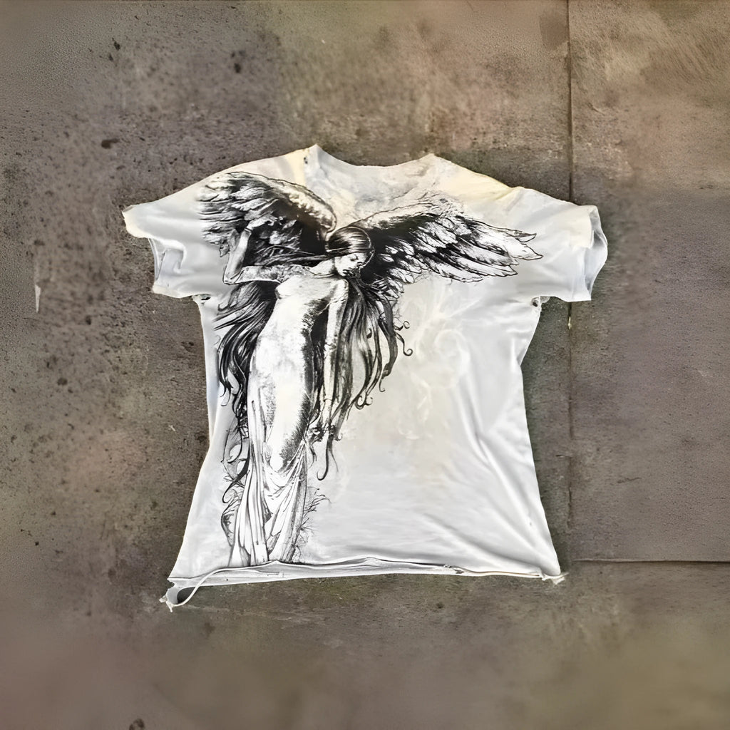 Men's grey Gothic cartoon graphic print short sleeve t-shirt on a hanger.