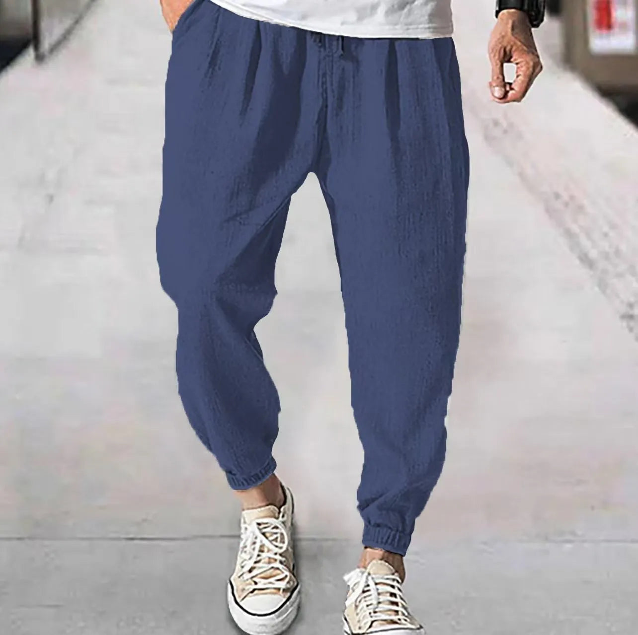 Men's loose-fit cotton trousers with elastic ankle cuffs in multiple colour options