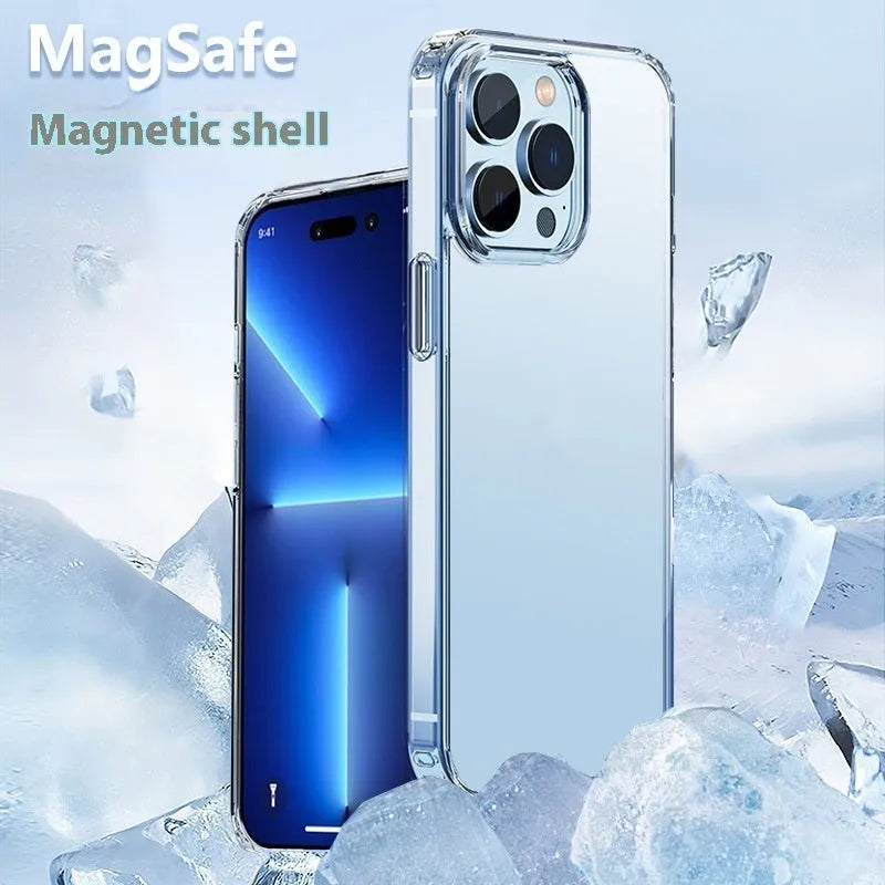Magnetic transparent PC phone case with straight-edge airbag protection for Apple iPhone, transparent colour, simple design