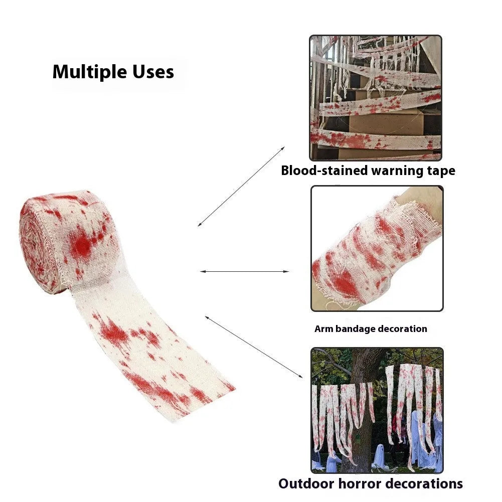 Red and white dyed bloody gauze bandage roll for Halloween costume horror prop decoration