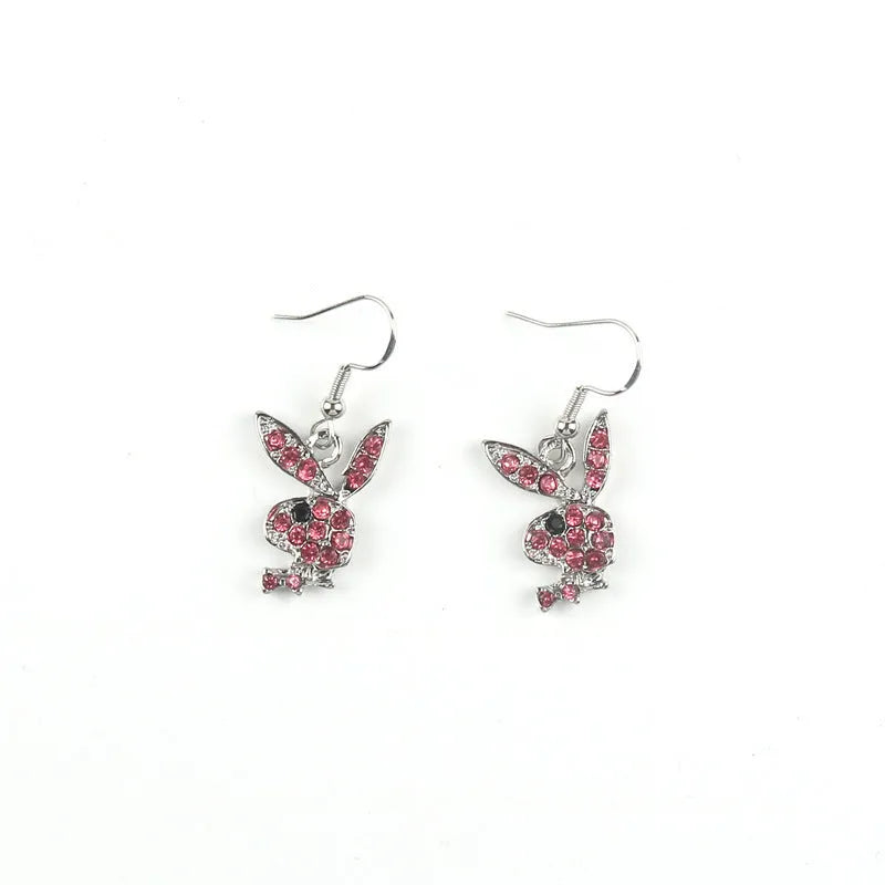 Cute rabbit stud earrings in gold, pink and silver colours with cartoon animal design.