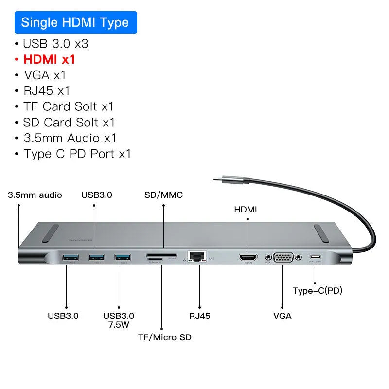 Grey ten-port laptop docking station with integrated cooling bracket showing HDMI, VGA, USB, and Ethernet ports