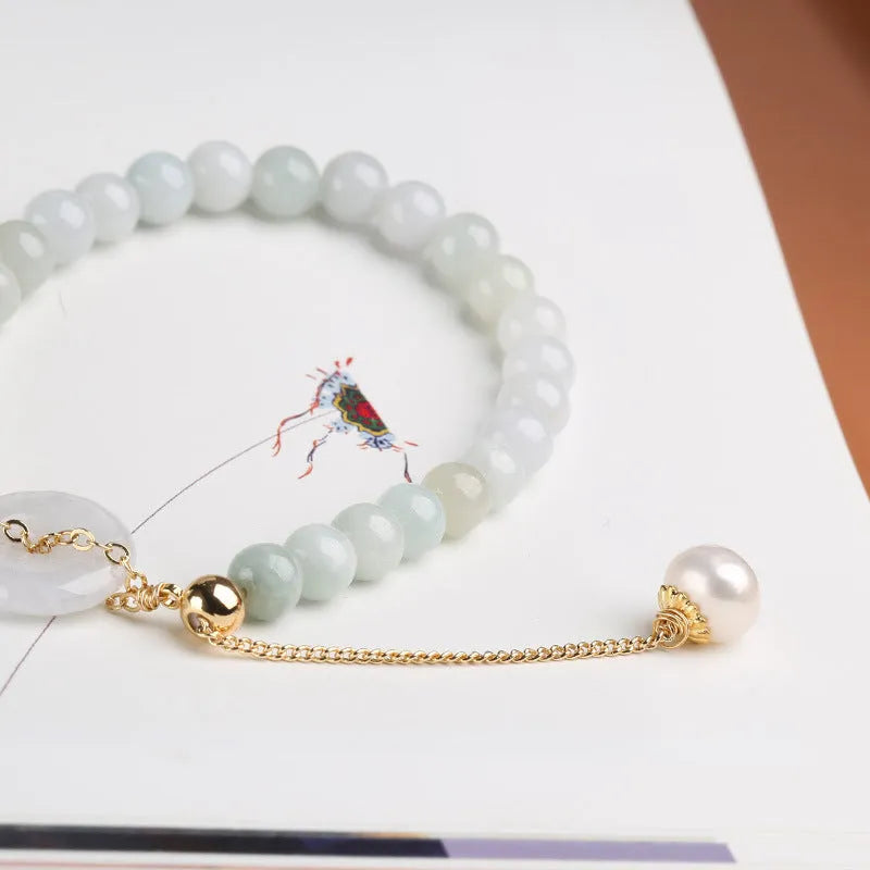 Jade green pearl bracelet with geometry shape pendant and manual processed emerald peace buckle clasp
