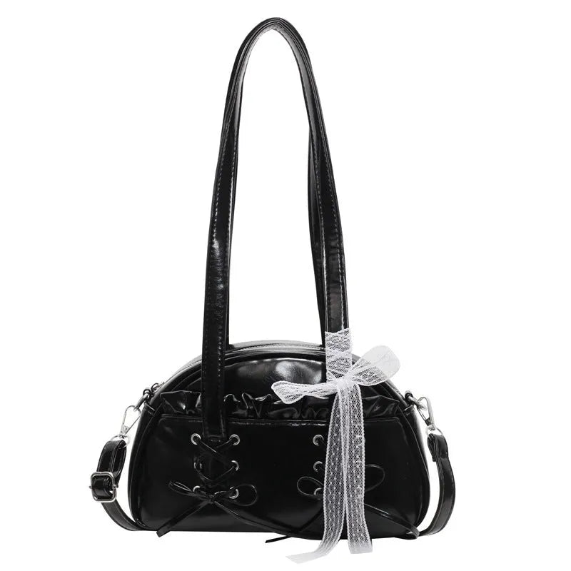 Milky white women's PU shoulder bag with a black bandage bow and sewing thread detail.