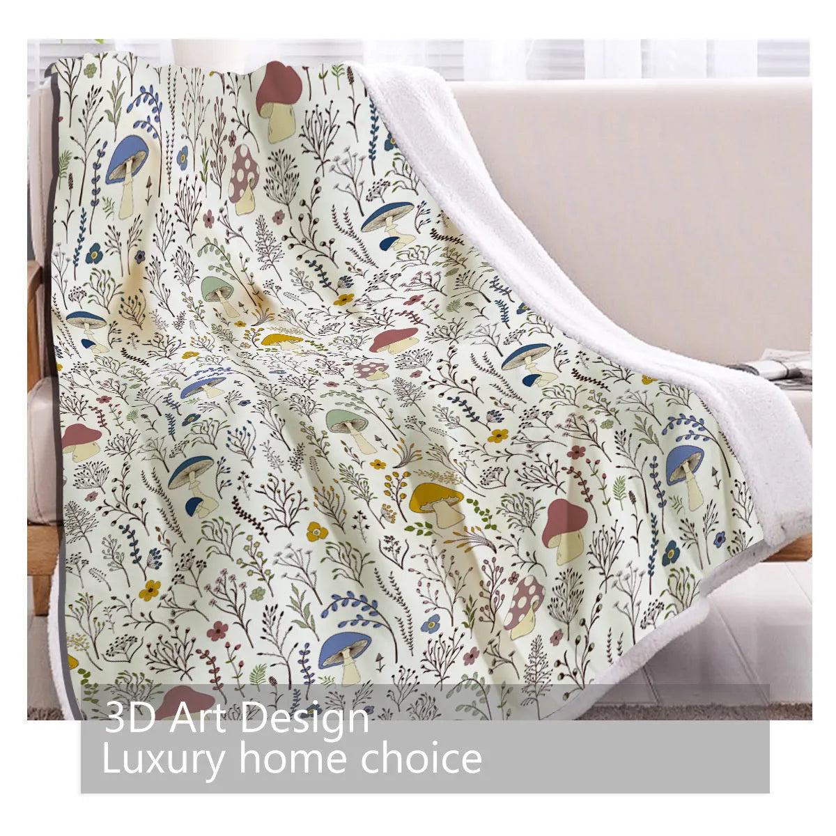White Sherpa fleece blanket with tree leaf mushroom pattern, sized 130x150cm, on a sofa