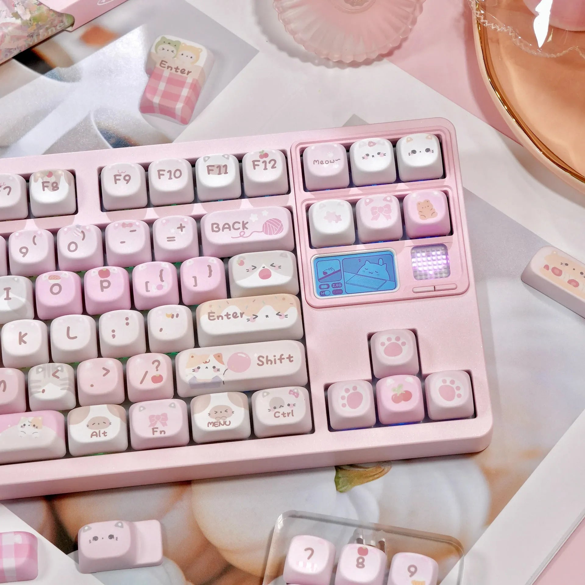 Pink MOA Height Full Five-sided Sublimation Key Caps with cartoon artwork on all surfaces for mechanical keyboards