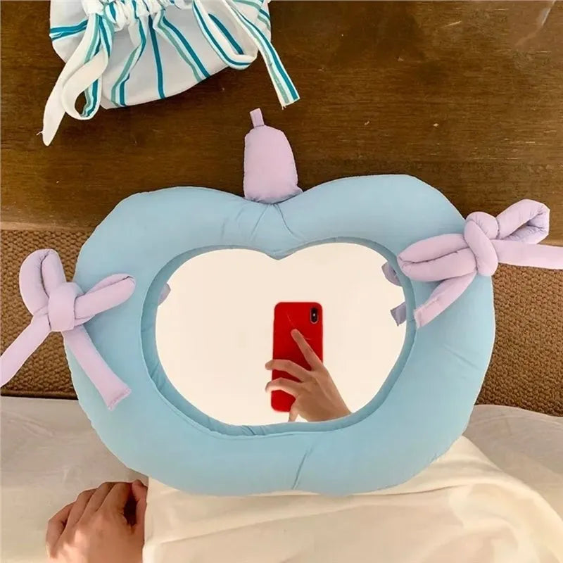Round wall mirror with cotton-filled fabric pillow frame, Korean-style home decor in apple green colour