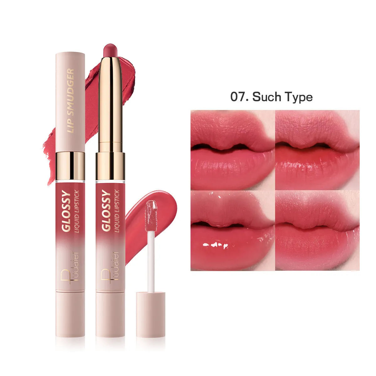 Double-headed lipstick and lip gloss cosmetic product showing matte finish with ten colour options