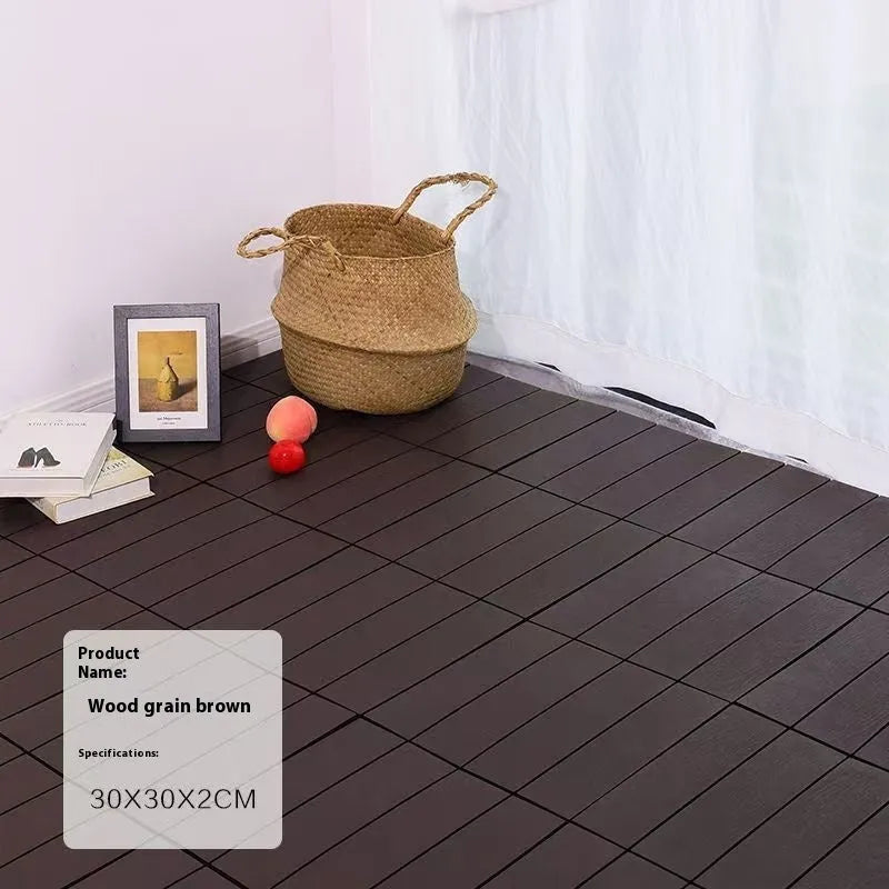 Pack of ten interlocking wood grain plastic floor tiles showing non-slip textured surface.
