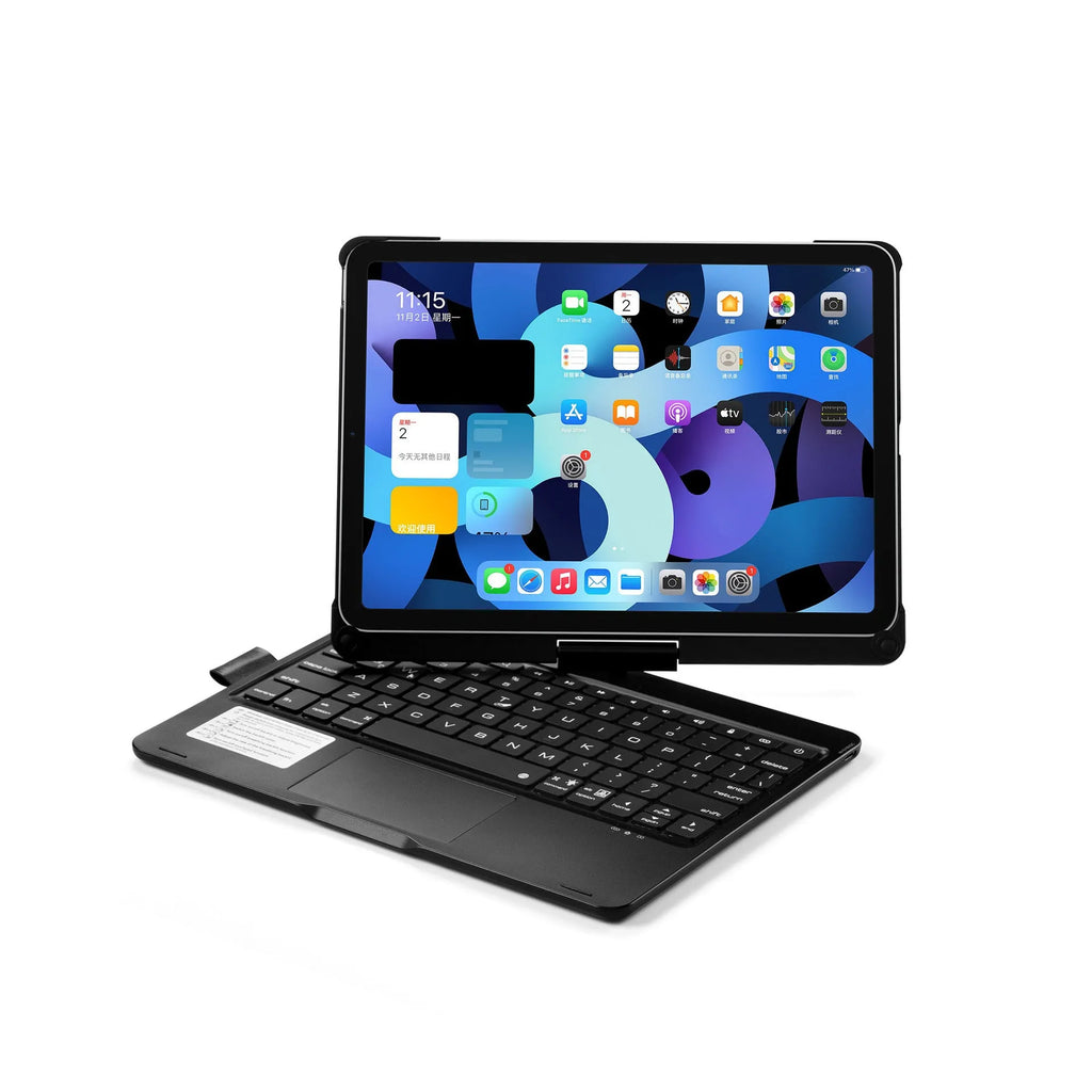 Silver 360-degree rotating Bluetooth backlit keyboard next to an iPad Pro.