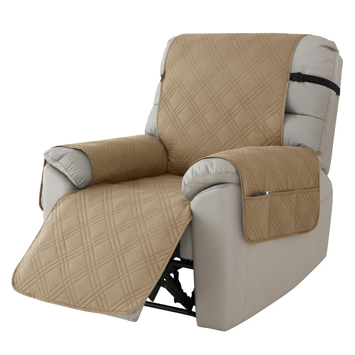 Quilted burgundy waterproof sofa cover fitted on a Chivas massage chair, American country style.