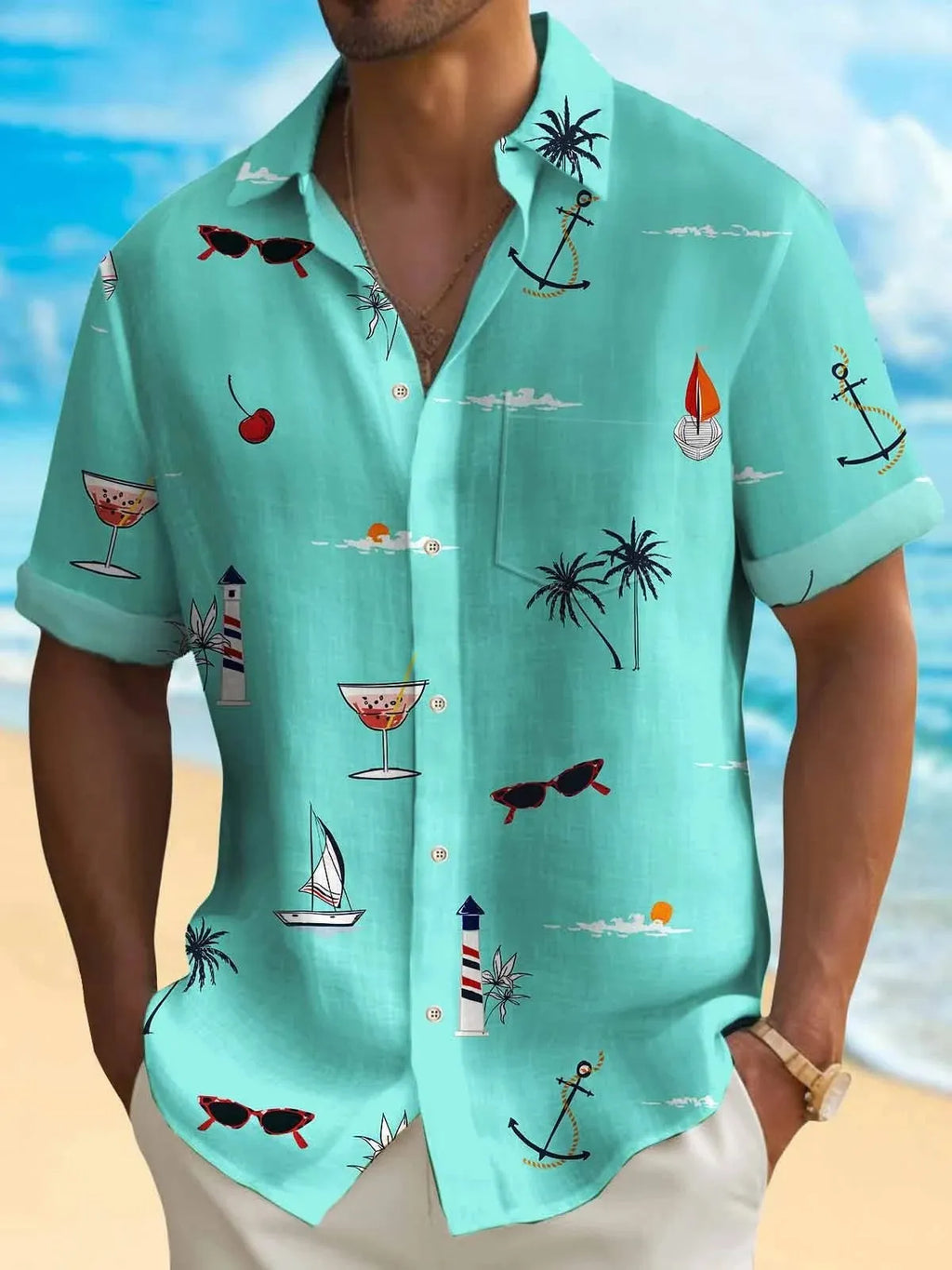 Men's loose fit short sleeve Hawaiian shirt with a colourful digital print pattern on polyester fabric.