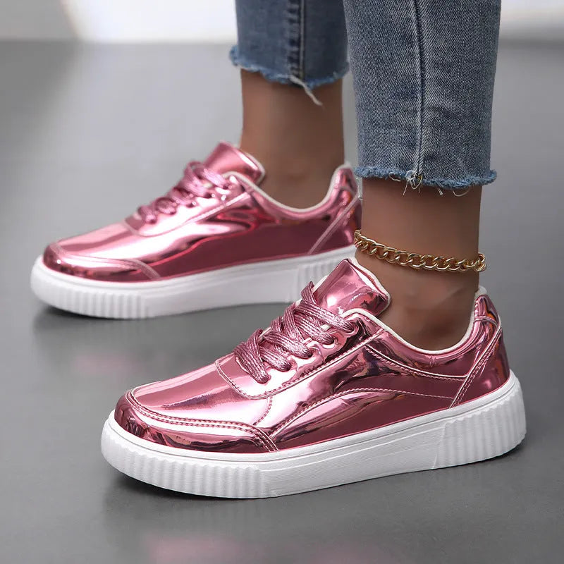 Rose gold sequinned platform sneakers with round toe and thick MD sole