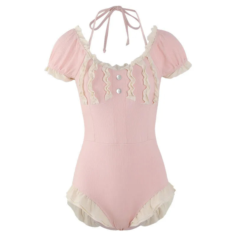Pink women's one-piece swimsuit with conservative Siamese style design