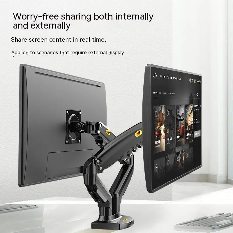 Dual screen lifting monitor desk bracket in a dual-screen colour variant, showing VESA plate compatibility.