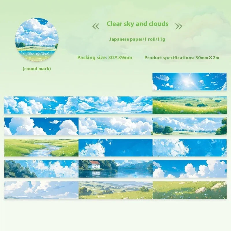 Roll of Japanese paper washi tape with sky theme designs showing colourful cloud pattern