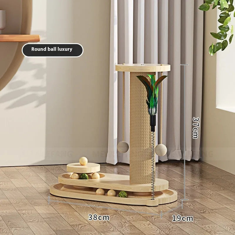Solid wood cat scratching post with turntable and climbing frame in natural wood finish