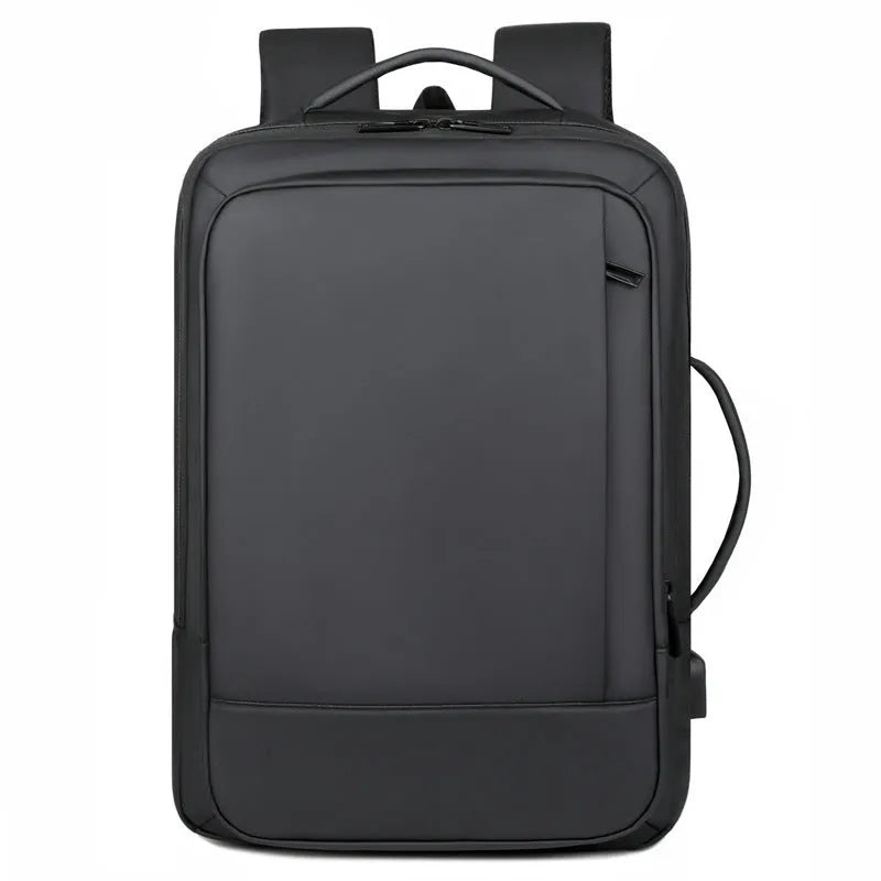 Large black business backpack with curved shoulder strap and waterproof Oxford cloth construction