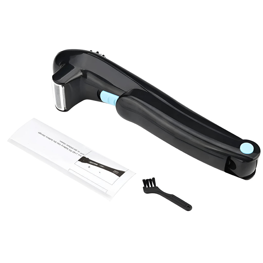 Black folding body electric shaver with dry battery compartment and hair removal head