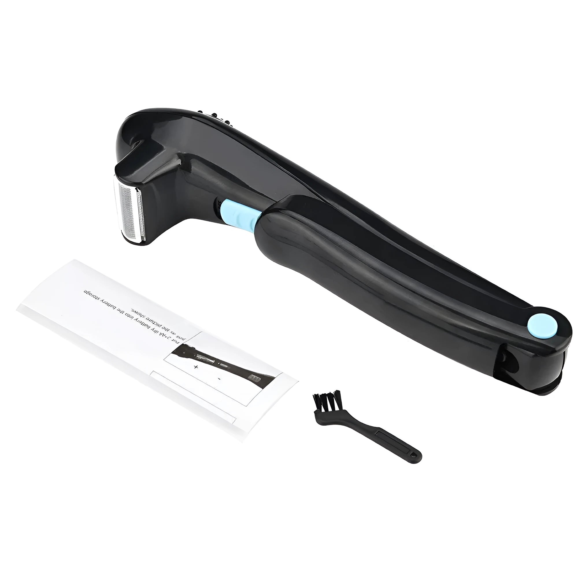 Black folding body electric shaver with dry battery compartment and hair removal head