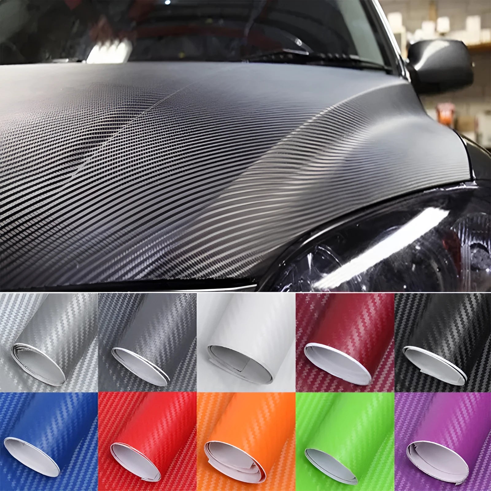 Carbon fibre car sticker roll showing textured pattern in multiple colour options