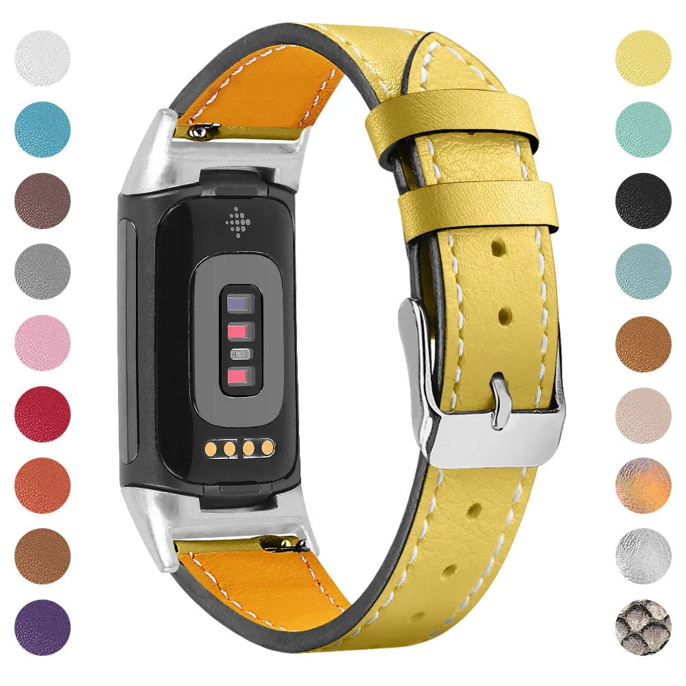 Genuine cowhide leather strap for Fitbit Charge 5 and Charge 6 smartwatch in multiple colour options.