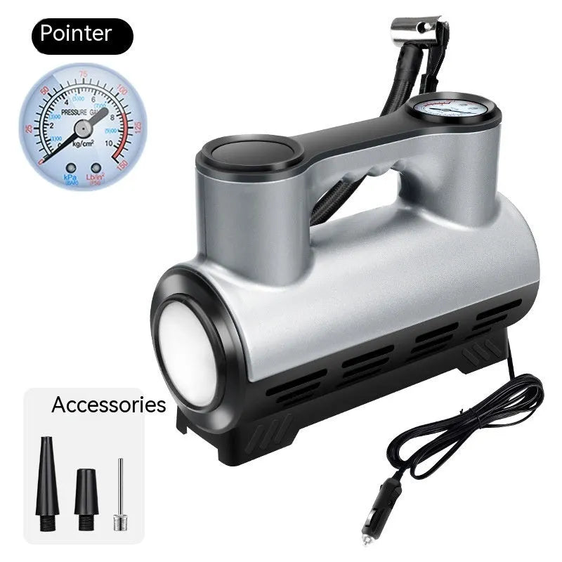 Black 12V portable car tyre inflator with digital display, hose, and nozzles on a grey background.