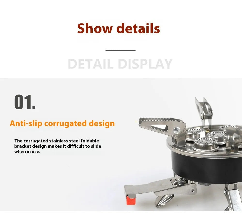 Silver portable split camping stove made of stainless steel and copper, showing its compact size and 100cm connecting hose.