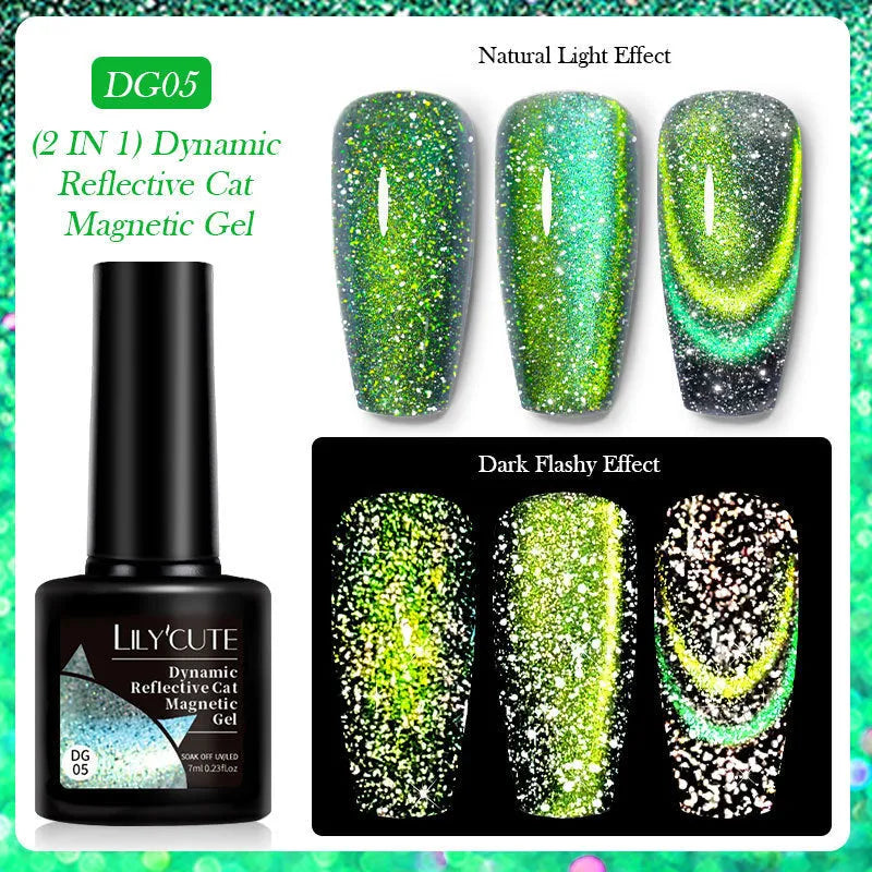 Cat eye nail polish gel with glitter and diamond fragments in six colour variations numbered 01 to 06