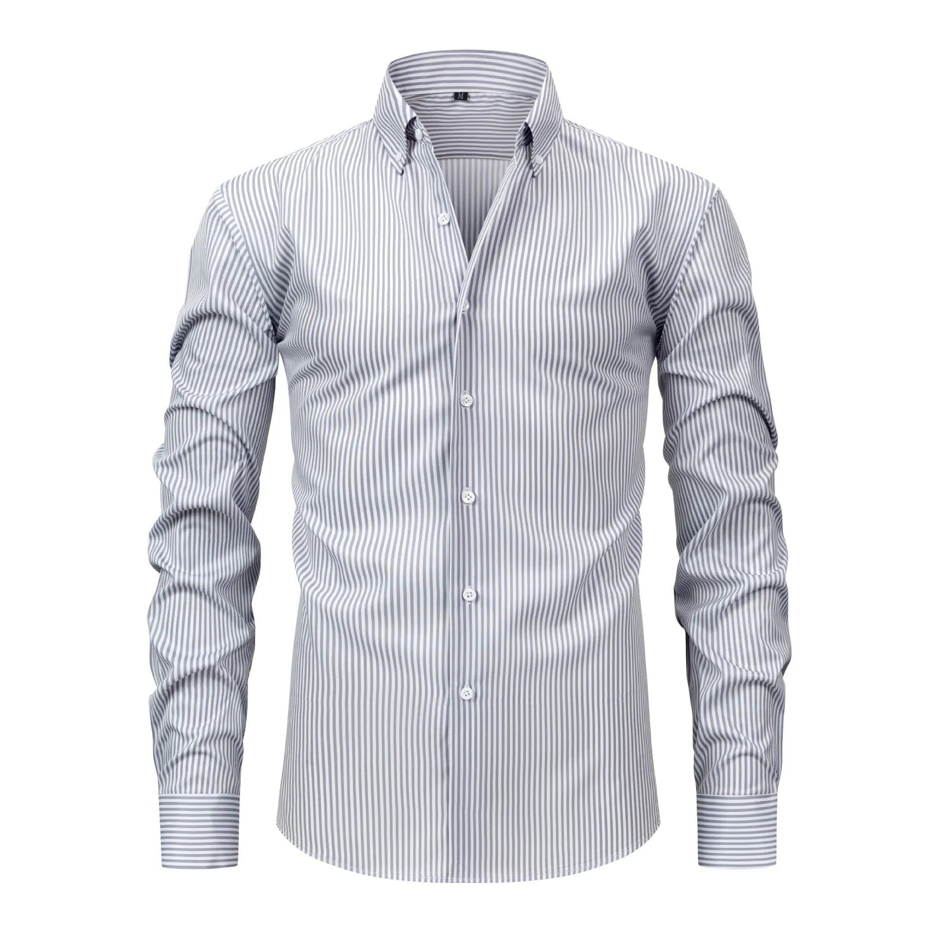 Man wearing a striped long-sleeved business shirt with a lapel collar in an anti-wrinkle fabric.