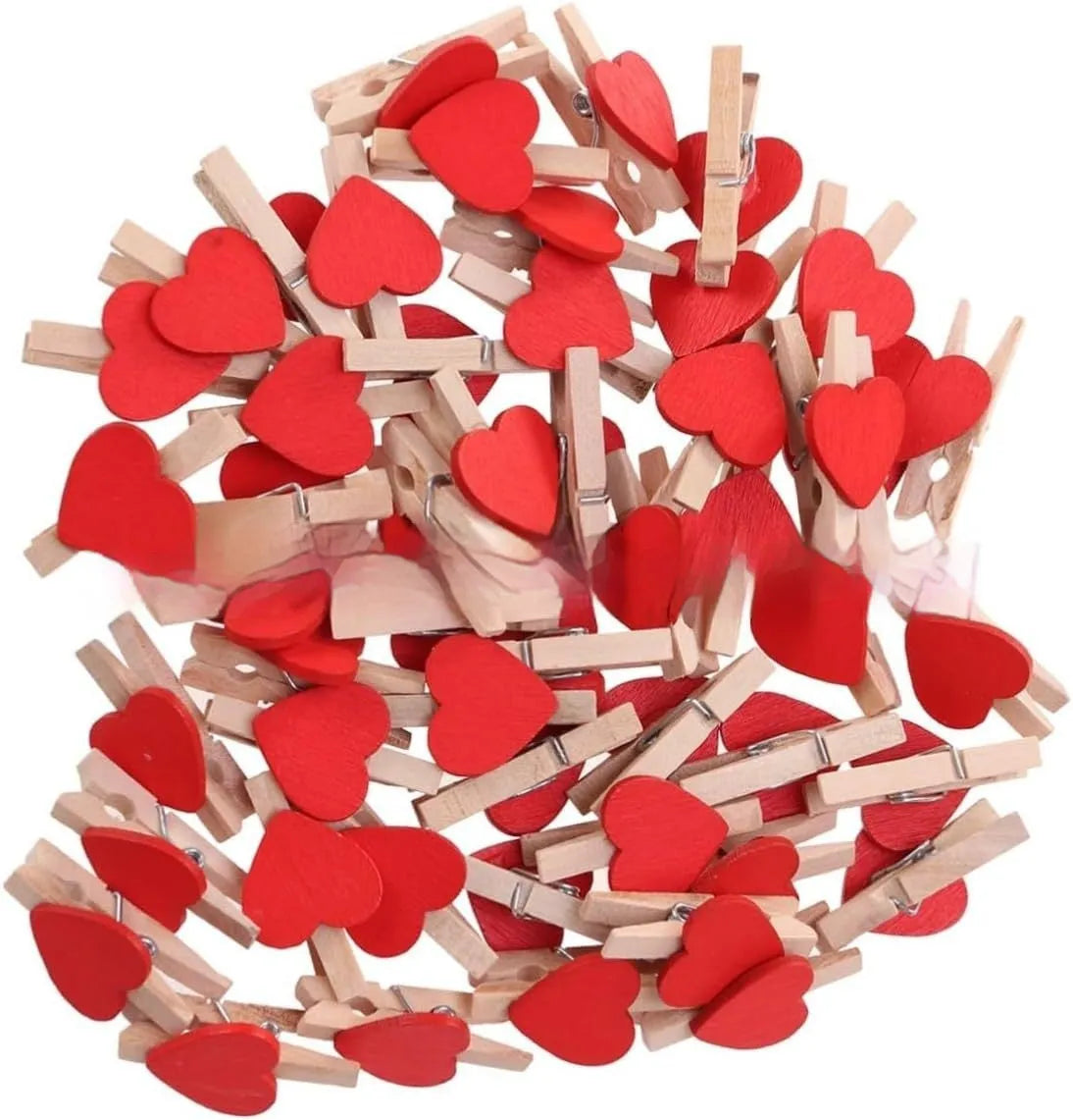Handmade solid wood heart-shaped clips in red, rose red, and white colours measuring 3cm