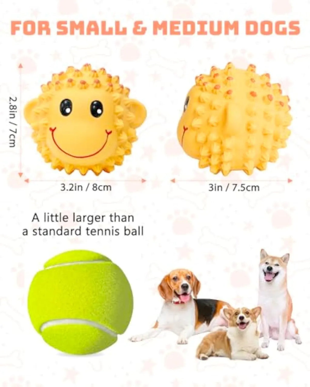 Orange and yellow spiky animal-shaped squeaky dog toys made from natural latex rubber