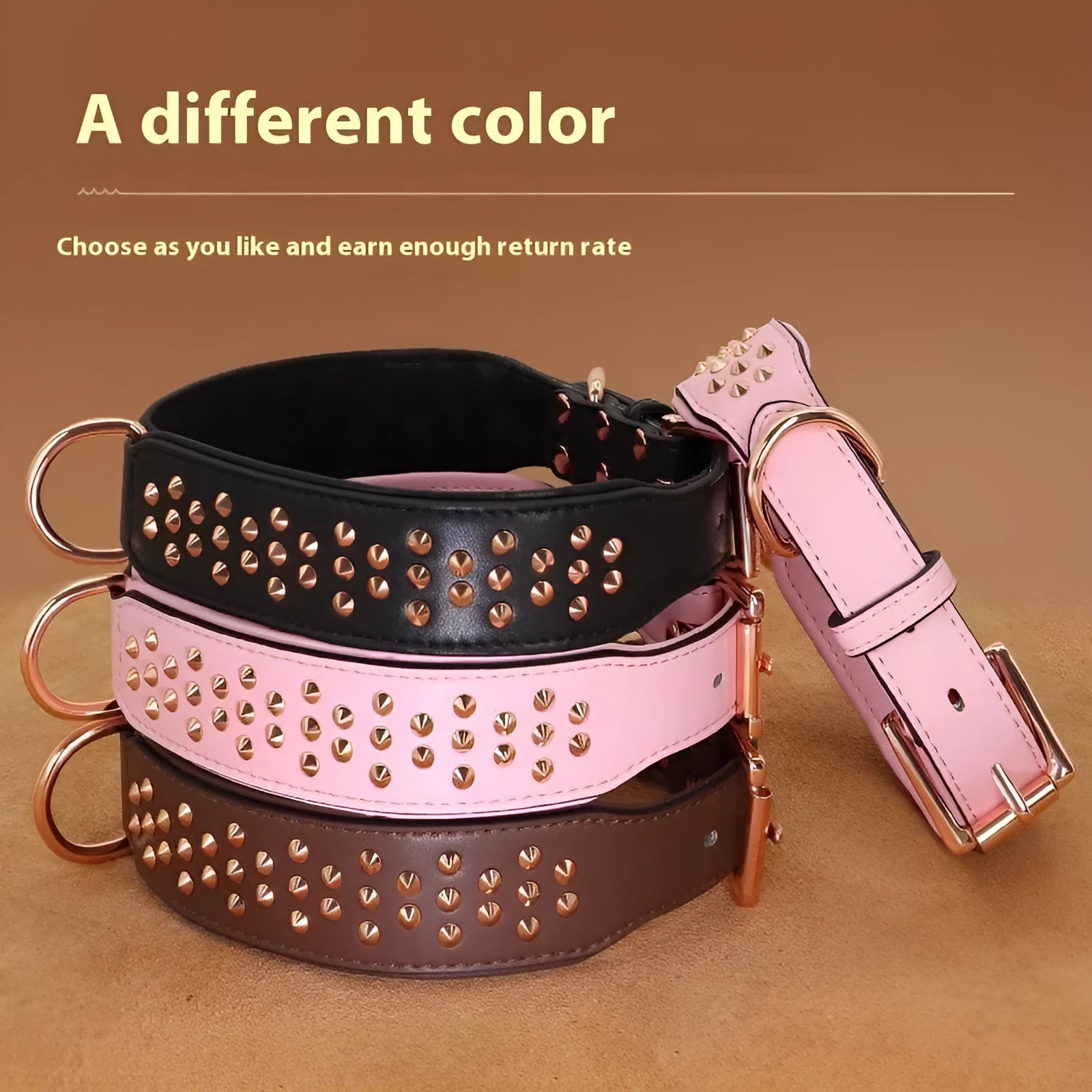 Leather dog collar with metal rivets in chocolate brown, shown in size L