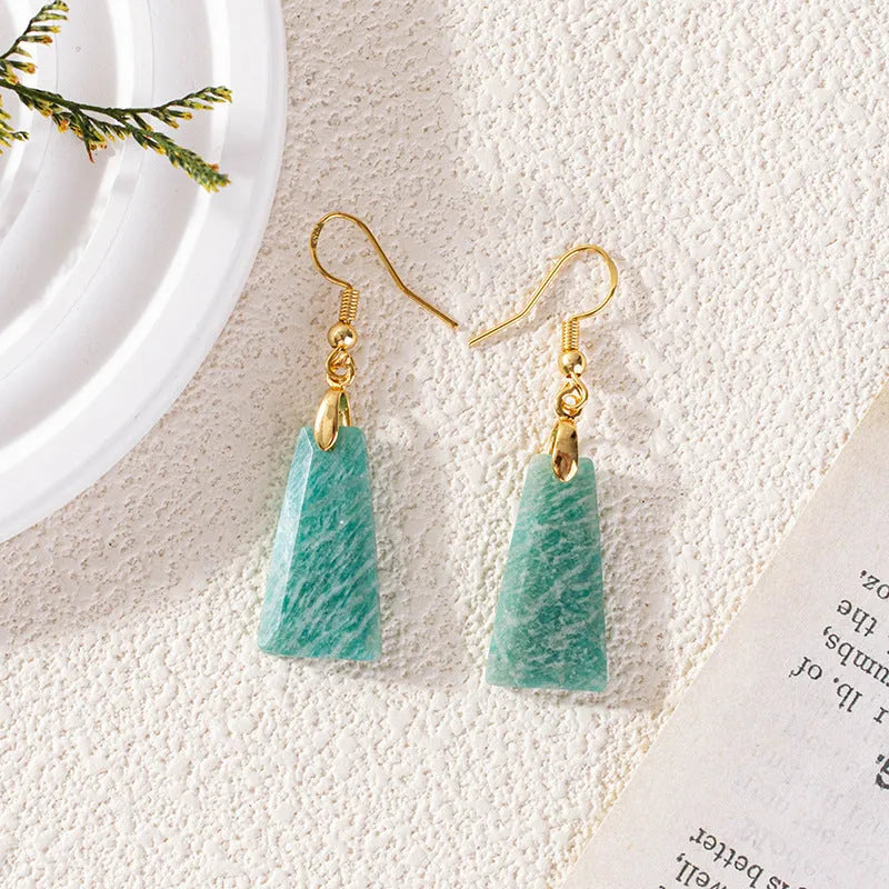 Amazonite rough stone trapezoid earrings with octagon detailing in gold or silver finish