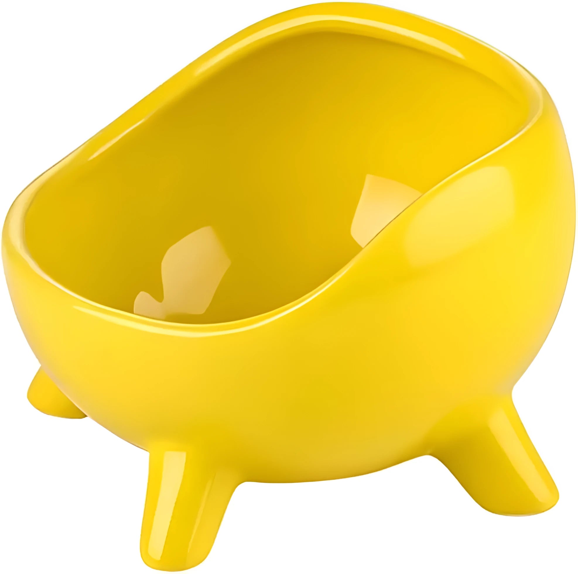 Green ceramic cat food bowl with four-leg stability base on wooden floor