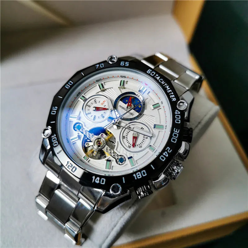 Automatic mechanical mens watch with silver stainless steel case and black dial