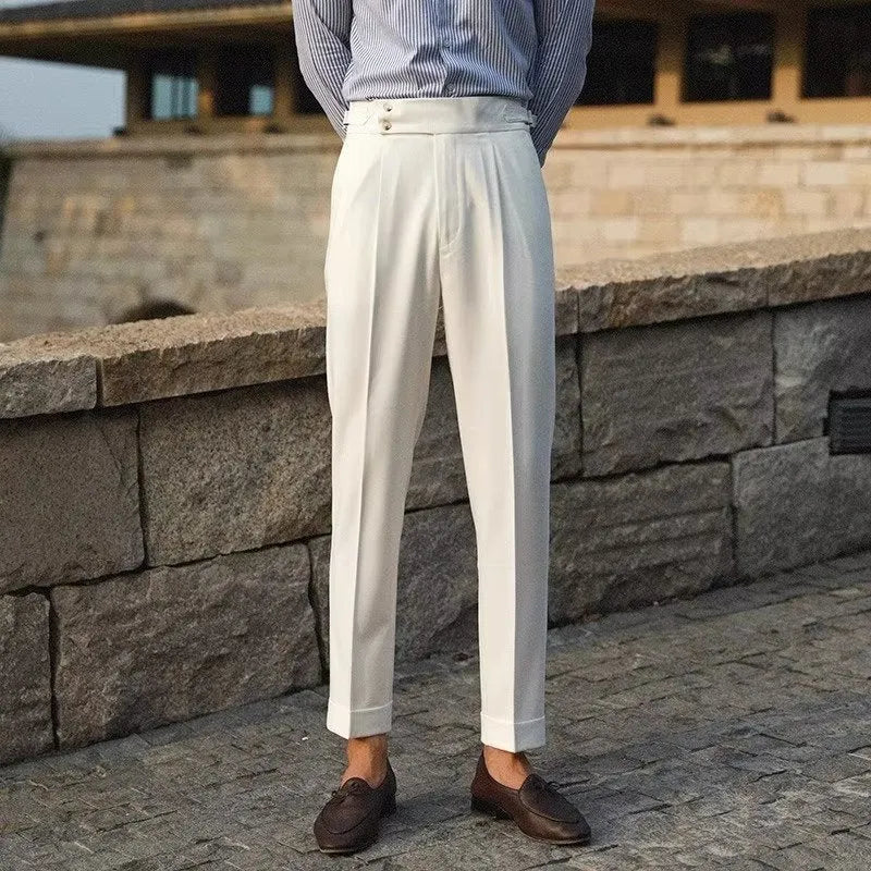 Men's slim fit straight leg formal trousers in apricot, black and white colours.