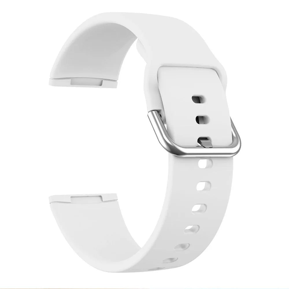 Silicone replacement strap with silver buckle for Fitbit Versa 3 and Sense 2 in a selection of solid colours.