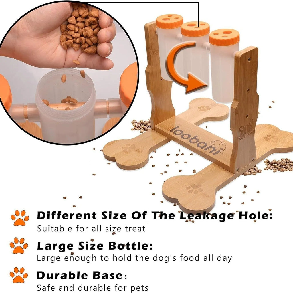 Wooden dog puzzle toy measuring 31x30x20cm with interactive snack dispenser compartments