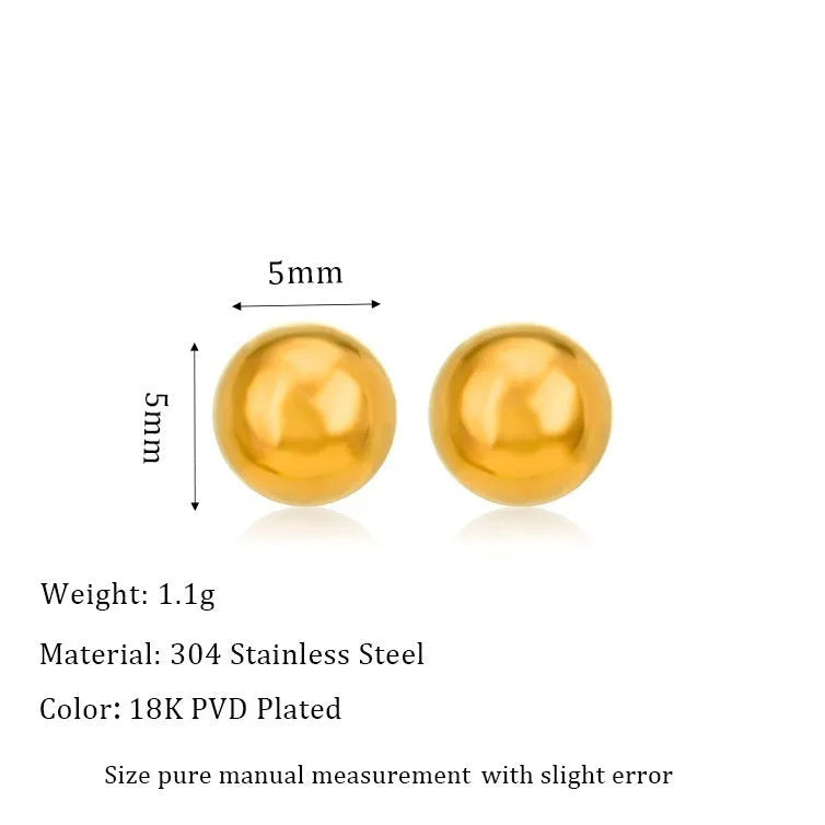 Minimalist stainless steel ball stud earrings in gold and silver tones, showing 3mm 4mm 5mm 6mm size difference.