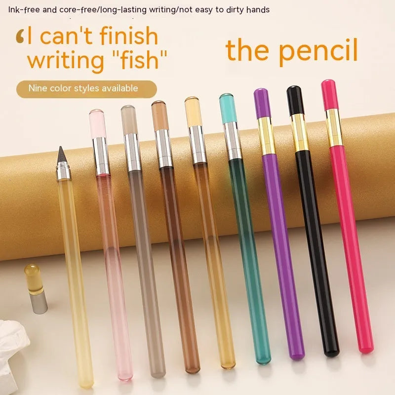 Acrylic transparent sharpening-free pencil with alloy pen head showing coloured refills