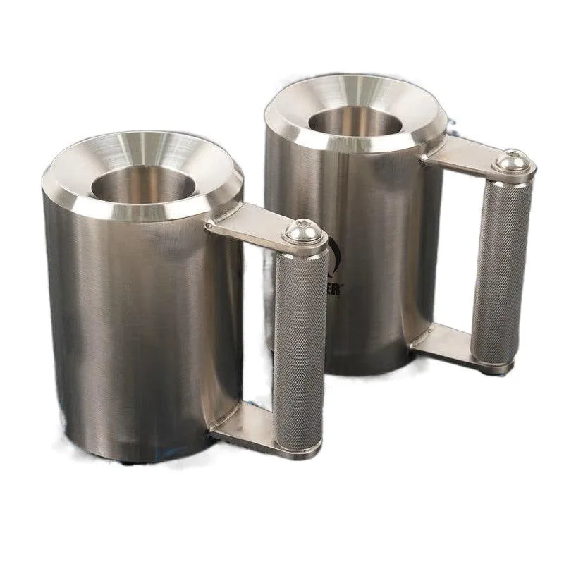 Silver stainless steel dumbbell cup weighing 8kg with cast iron core.