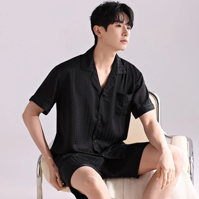 Men's ice silk pajama set with cardigan and shorts in satin jacquard plaid pattern