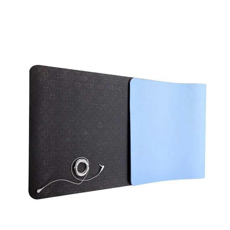 Blue conductive yoga mat with floral pattern, grounding wire, and dimensions 182x61cm.