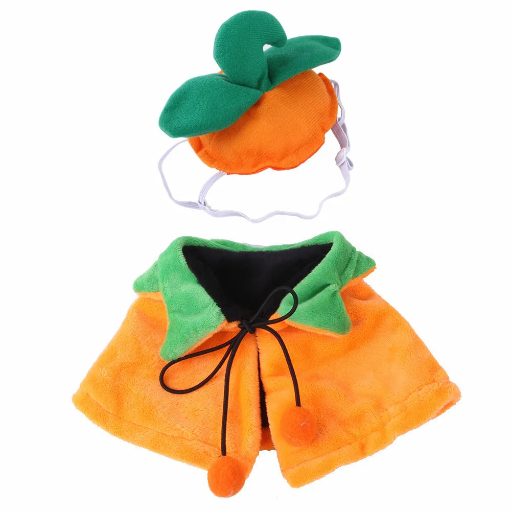 Orange plush Halloween pumpkin cloak for a dog or cat showing double-sided design