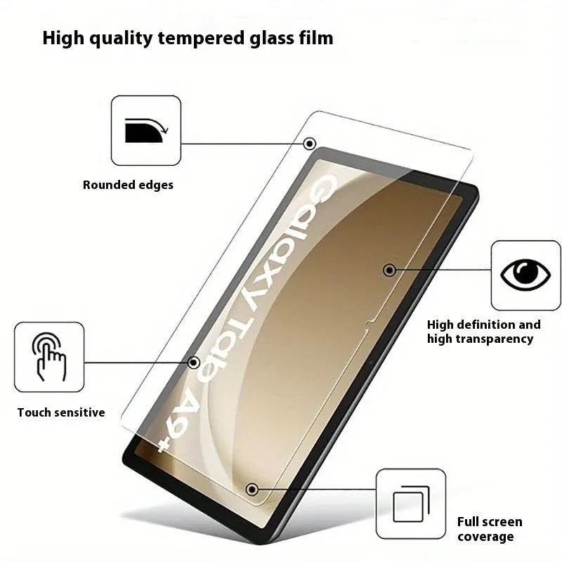 Tempered glass screen protector for Samsung Galaxy tablet showing HD clarity and full coverage.